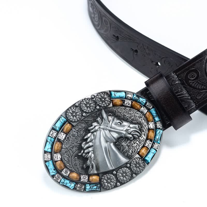 Cintura da uomo in pelle turchese con testa di cavallo da cowboy