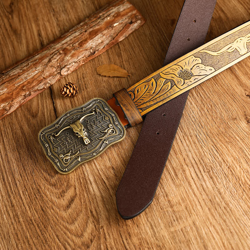 Cintura da uomo in pelle con testa di toro totem western