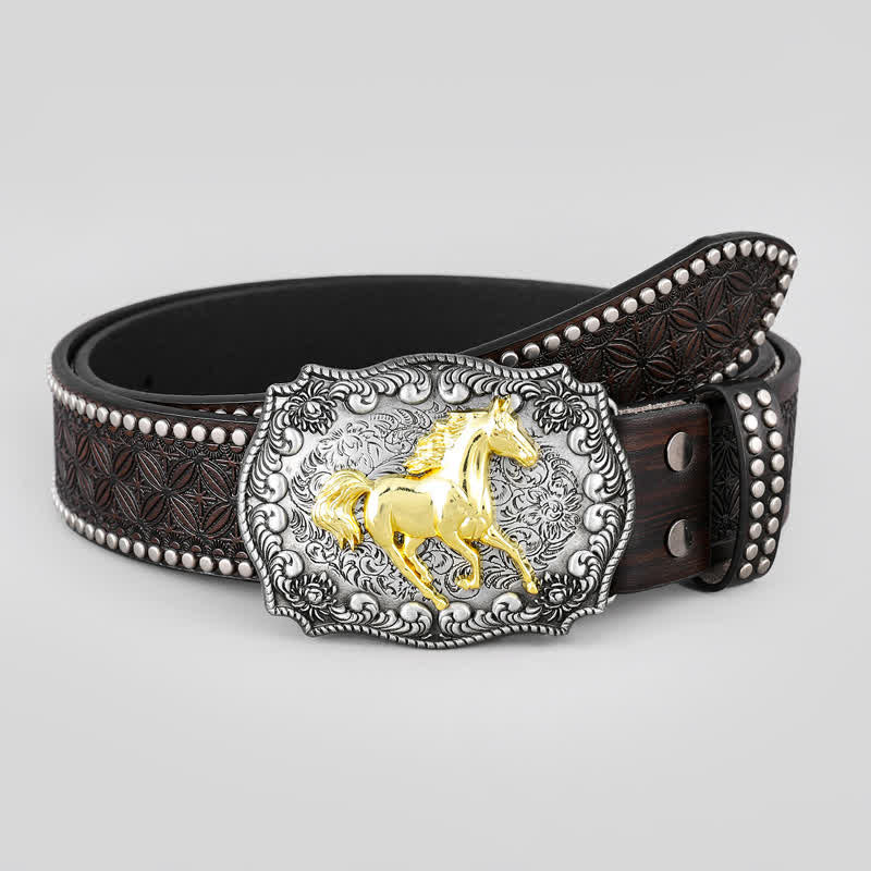 Cintura da uomo in pelle con decorazione a forma di cavallo dorato