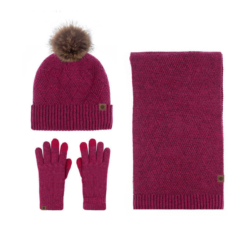 Set 3 pezzi da donna pompon cappello sciarpa guanti touchscreen set