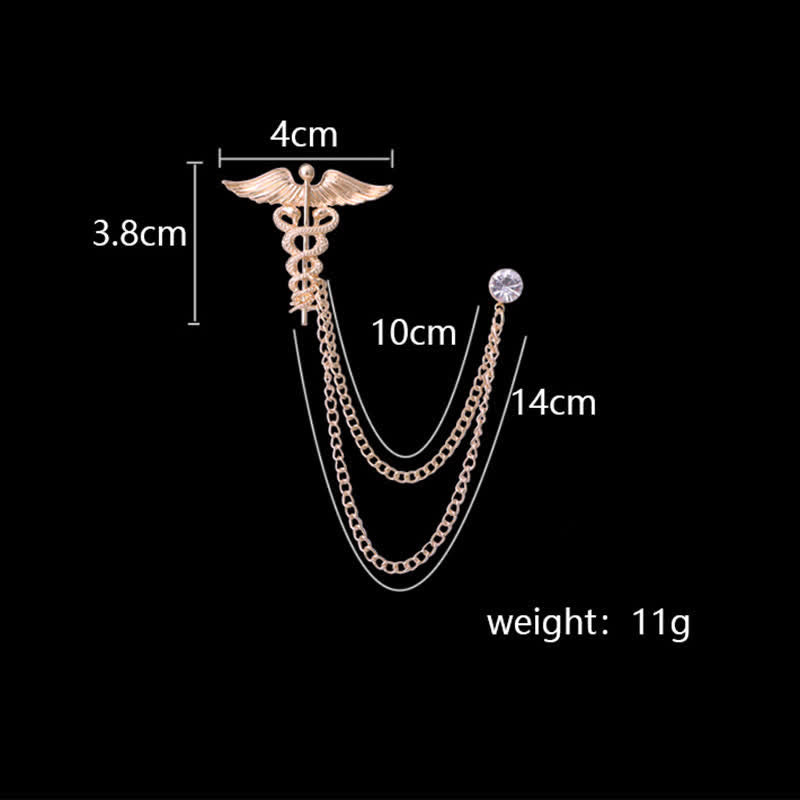 Spilla a catena con doppio serpente e caduceo da uomo