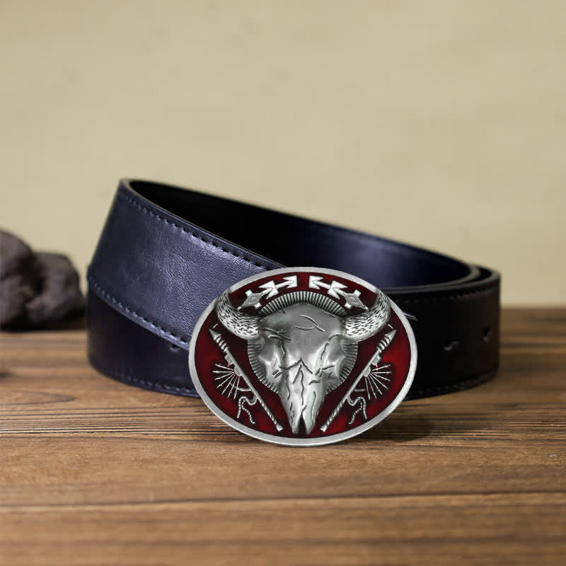 Cintura in pelle con fibbia a forma di teschio di toro a tema indiano fai da te da uomo