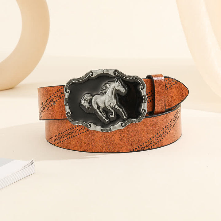 Cintura da uomo in pelle con fibbia classica in argento a forma di cavallo da corsa