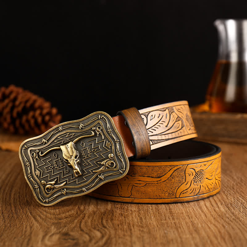 Cintura da uomo in pelle con testa di toro totem western