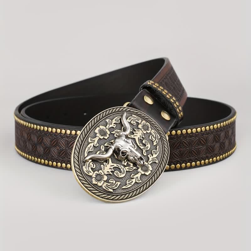 Cintura da uomo in pelle goffrata con testa di toro marrone scuro