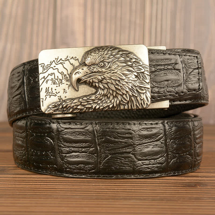 Cintura da uomo in pelle con motivo coccodrillo e aquila intagliata