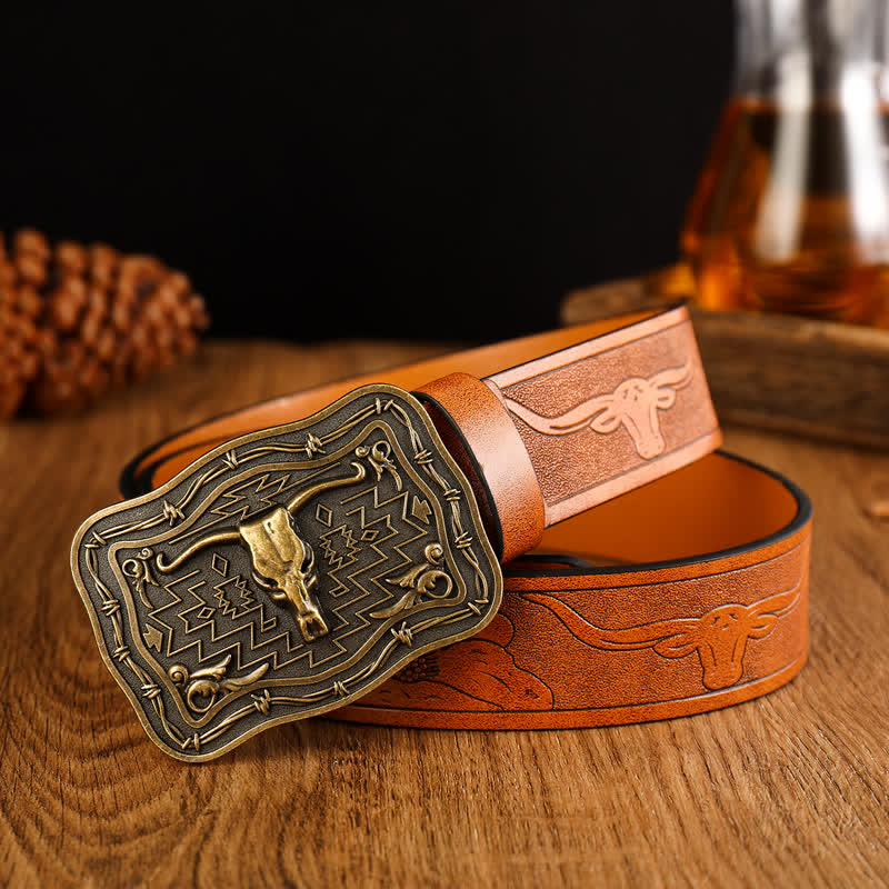 Cintura da uomo in pelle con testa di toro totem western