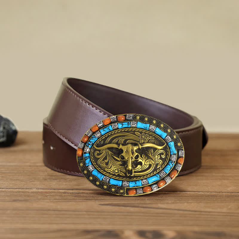 Cintura in pelle con fibbia a forma di toro con perline di legno turchese fai da te da uomo