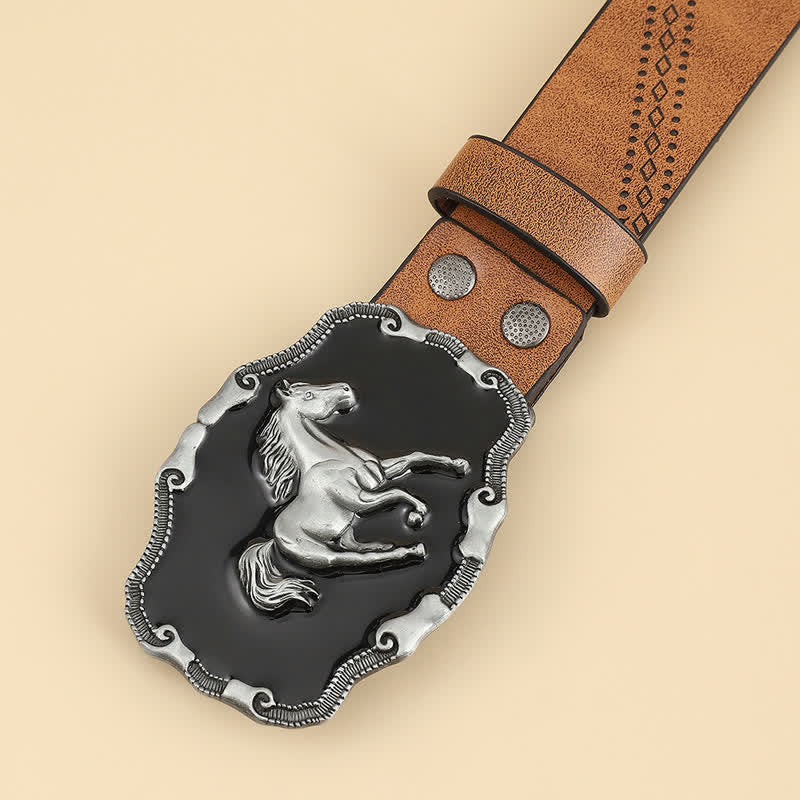 Cintura da uomo in pelle con fibbia classica in argento a forma di cavallo da corsa