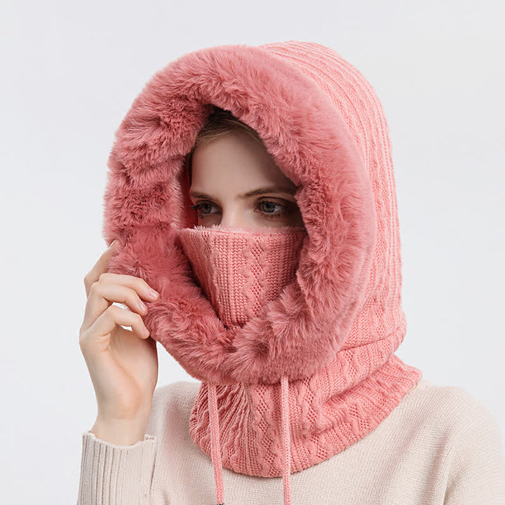 Cappello lavorato a maglia con cappuccio e maschera per il viso color caramella da donna