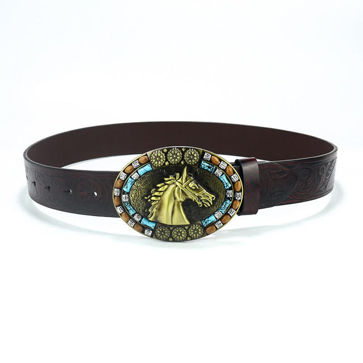 Cintura da uomo in pelle turchese con testa di cavallo da cowboy