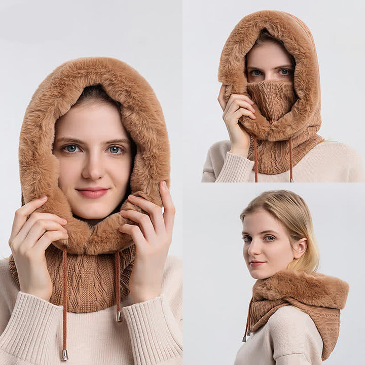 Cappello lavorato a maglia con cappuccio e maschera per il viso color caramella da donna