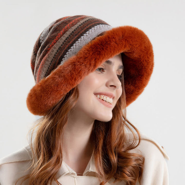 Cappello da pescatore a righe con tesa calda in peluche da donna