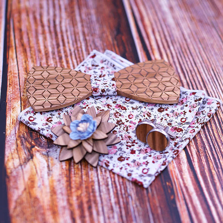 Set di 4 papillon in legno con intaglio geometrico da uomo