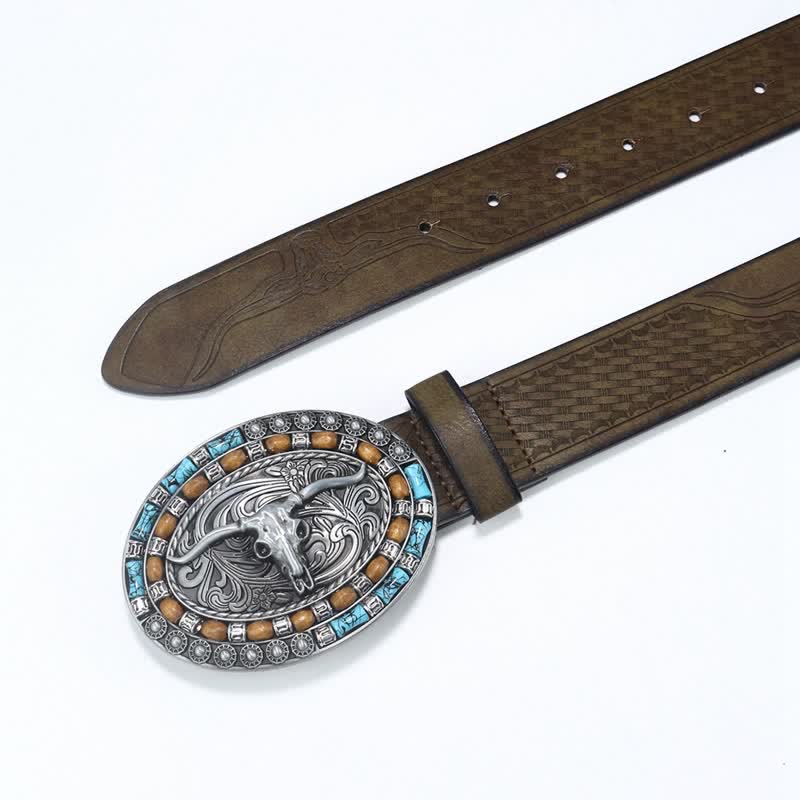 Cintura da uomo in pelle di toro turchese da cowboy western