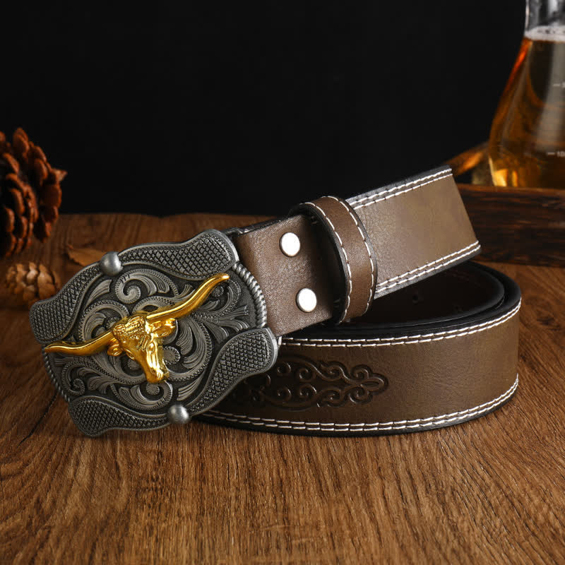 Cintura da uomo in pelle di toro Longhorn dorata quadrata