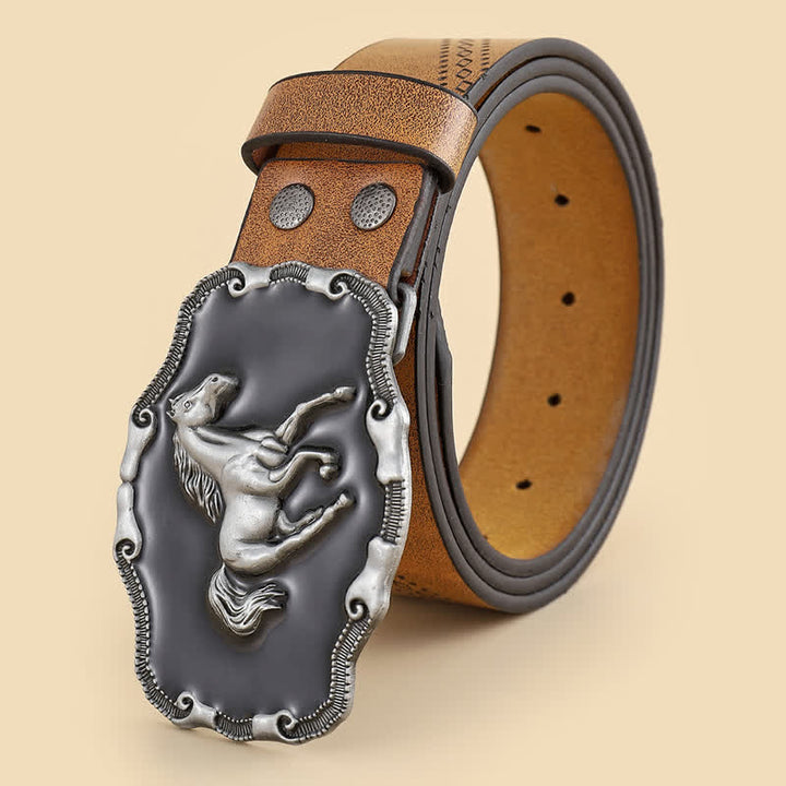 Cintura da uomo in pelle con fibbia classica in argento a forma di cavallo da corsa