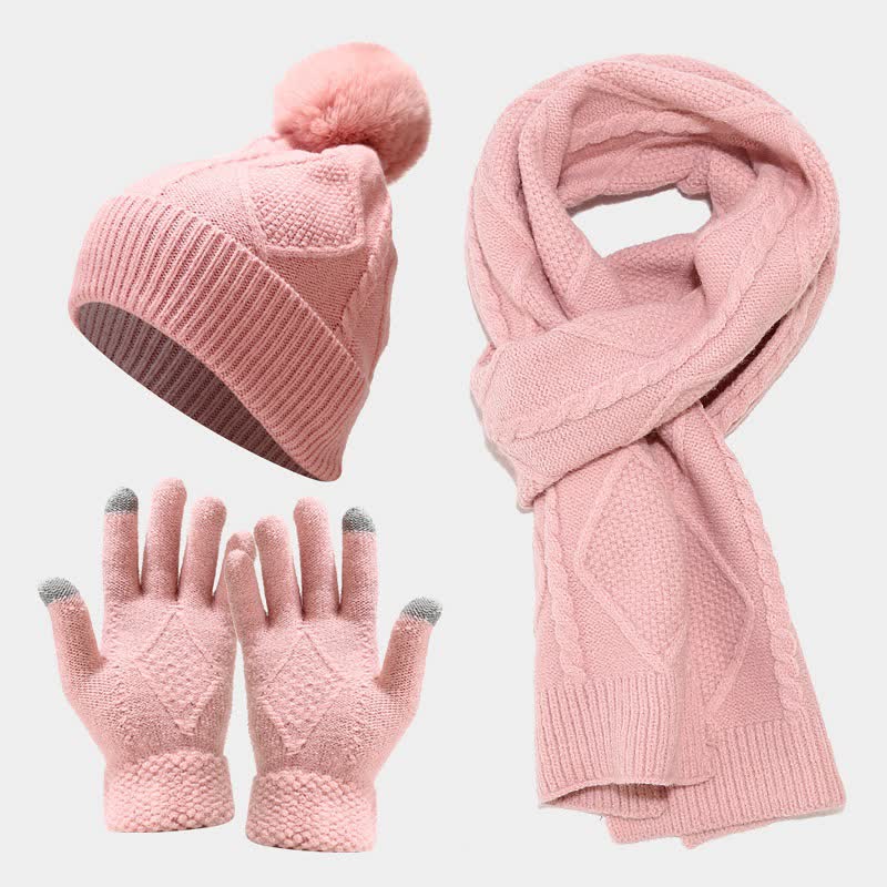 Set 3 pezzi da donna diamante pompon berretto cappello sciarpa guanti