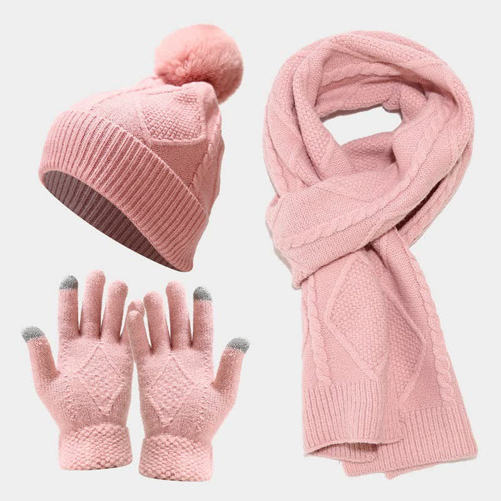 Set 3 pezzi da donna diamante pompon berretto cappello sciarpa guanti