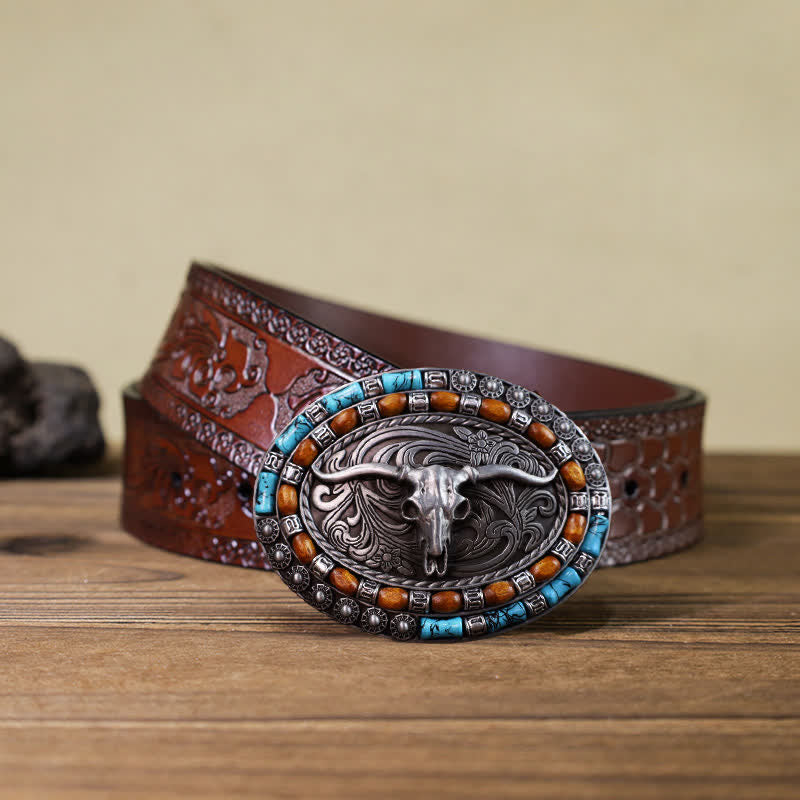 Cintura in pelle con fibbia a forma di toro con perline di legno turchese fai da te da uomo