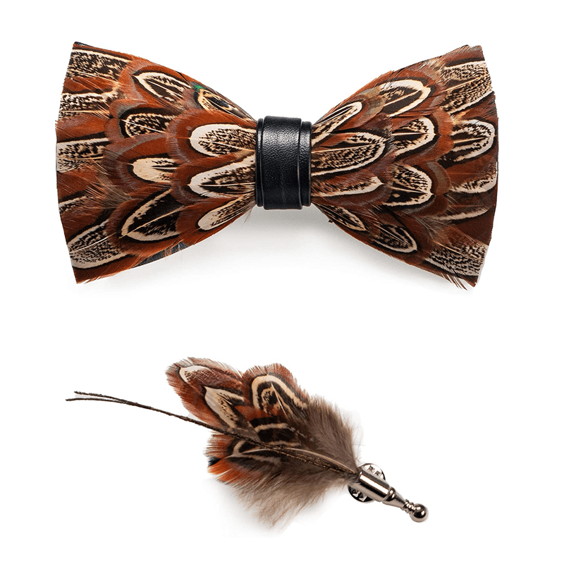 Papillon con piume di fagiano marrone per bambini con spilla da bavero