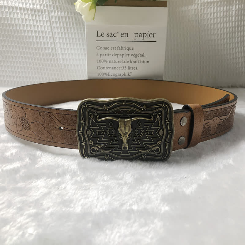 Cintura da uomo in pelle con testa di toro totem western