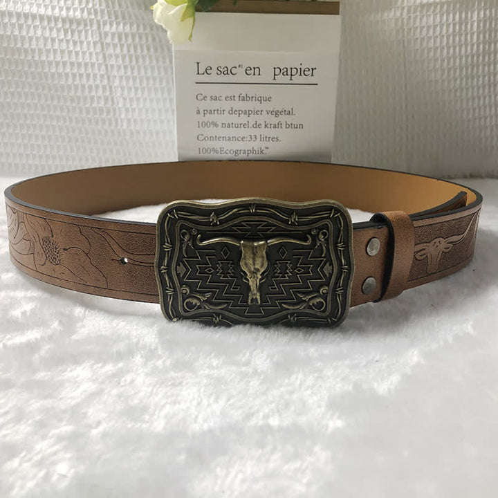 Cintura da uomo in pelle con testa di toro totem western