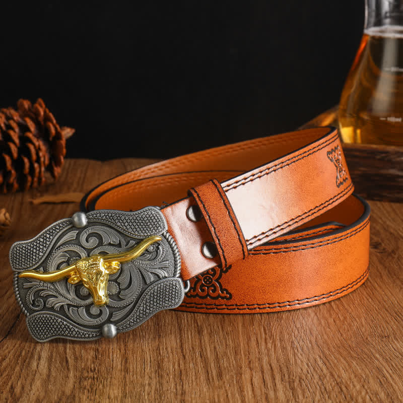 Cintura da uomo in pelle di toro Longhorn dorata quadrata