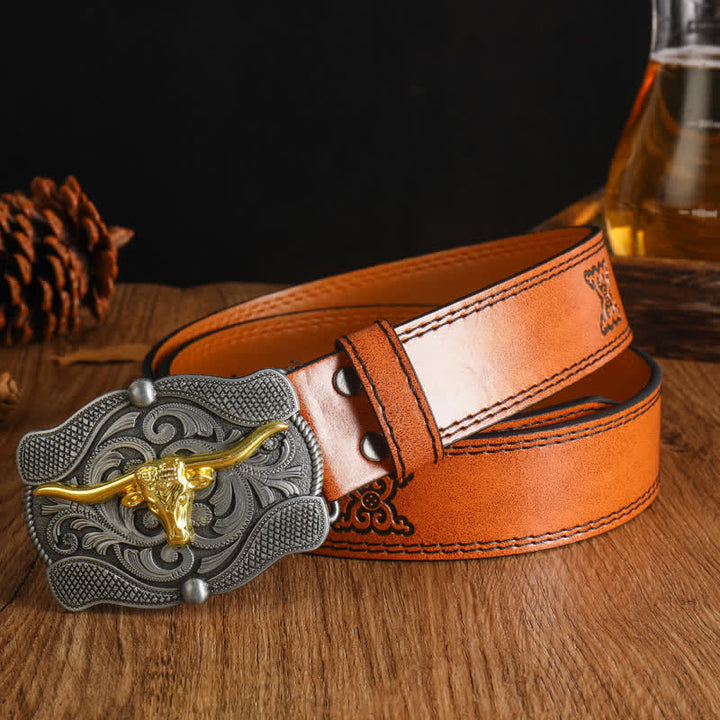 Cintura da uomo in pelle di toro Longhorn dorata quadrata