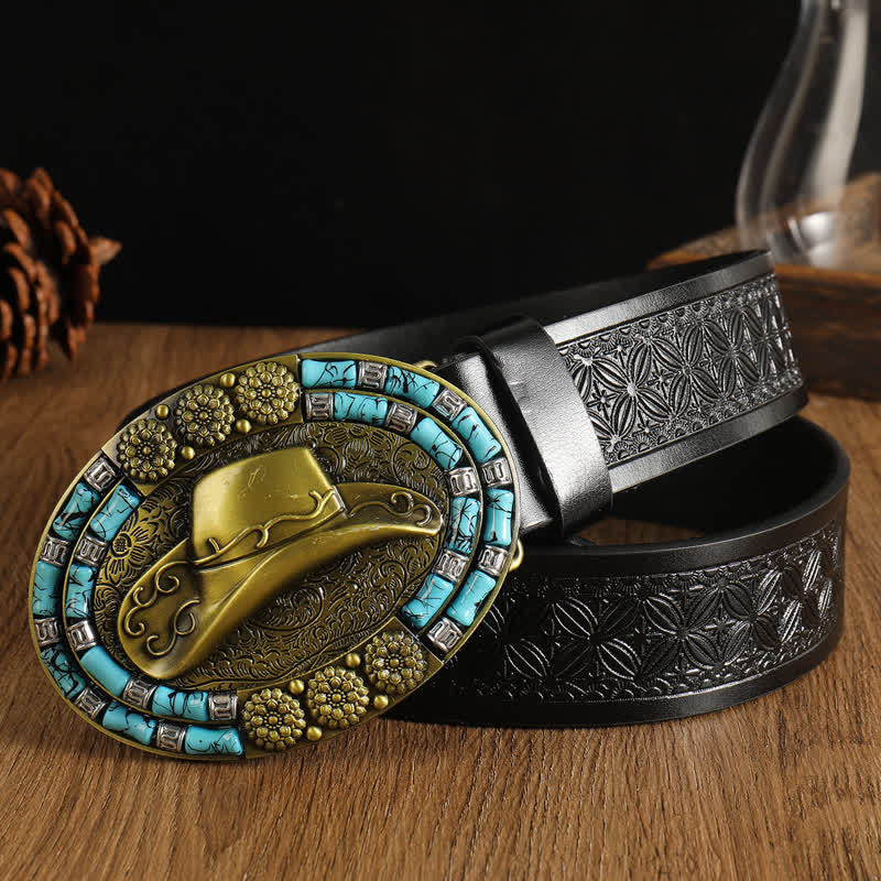 Cappello da cowboy da uomo in oro con cintura in pelle decorata con turchese