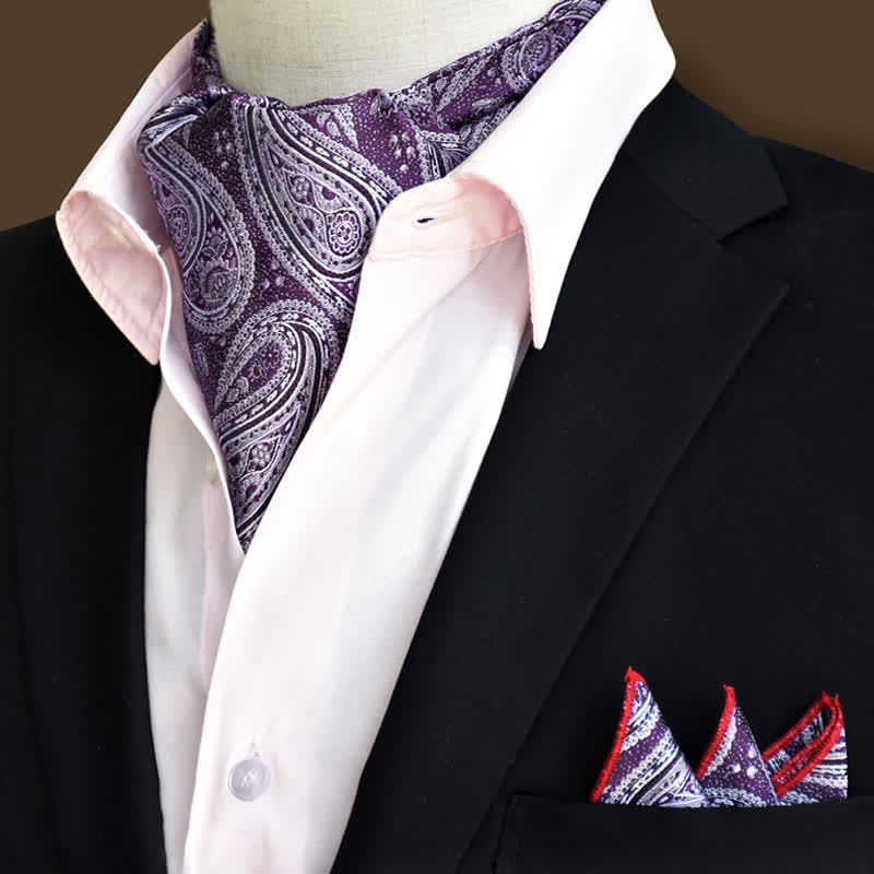 2 pezzi DarkViolet Luxury Floral Paisley Pocket Square e Cravat Set