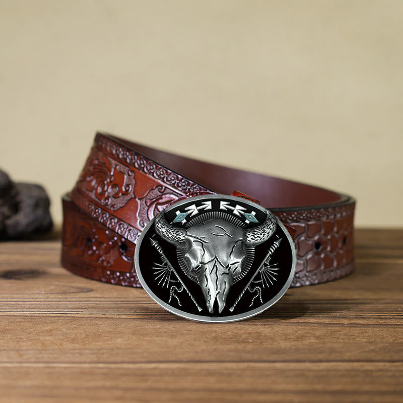 Cintura in pelle con fibbia a forma di teschio di toro a tema indiano fai da te da uomo