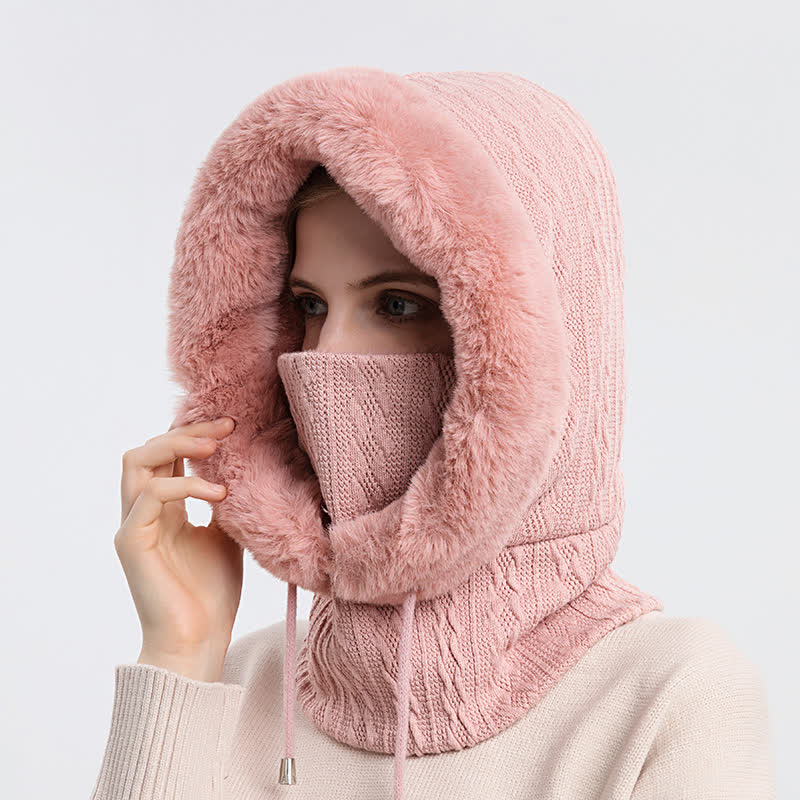 Cappello lavorato a maglia con cappuccio e maschera per il viso color caramella da donna