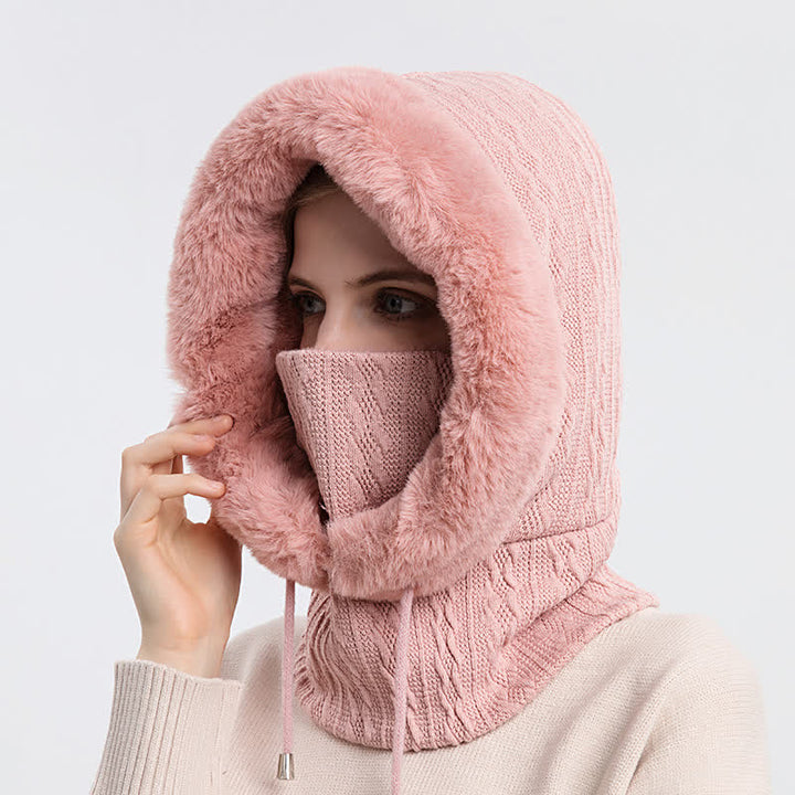 Cappello lavorato a maglia con cappuccio e maschera per il viso color caramella da donna
