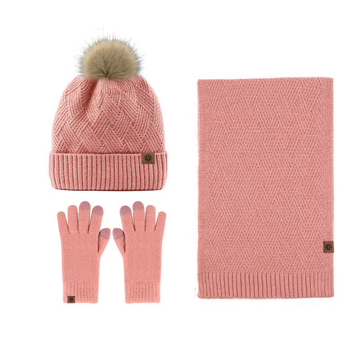 Set 3 pezzi da donna pompon cappello sciarpa guanti touchscreen set