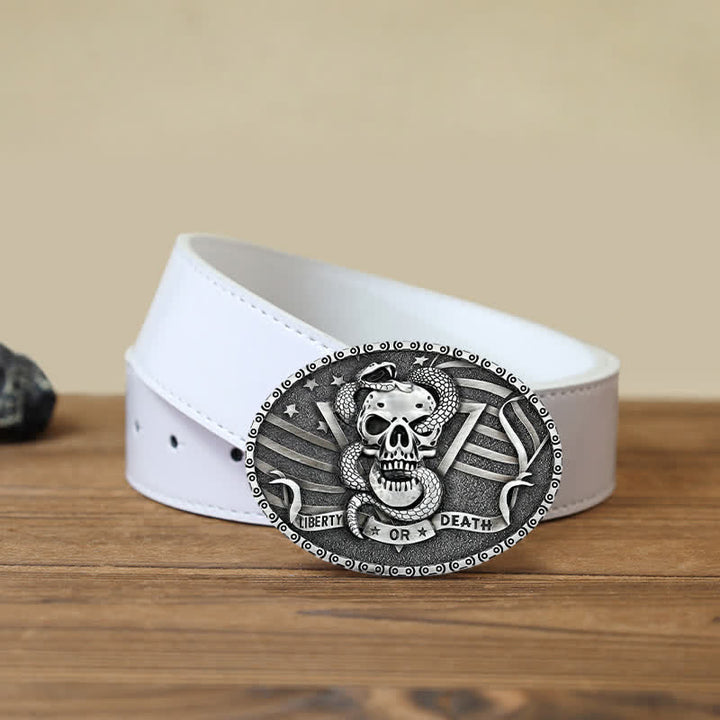 Cintura in pelle fai da te da uomo con fibbia a forma di teschio di serpente "Liberty or Death"