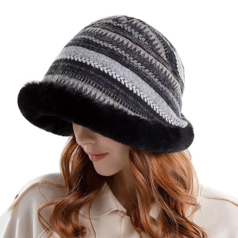 Cappello da pescatore a righe con tesa calda in peluche da donna