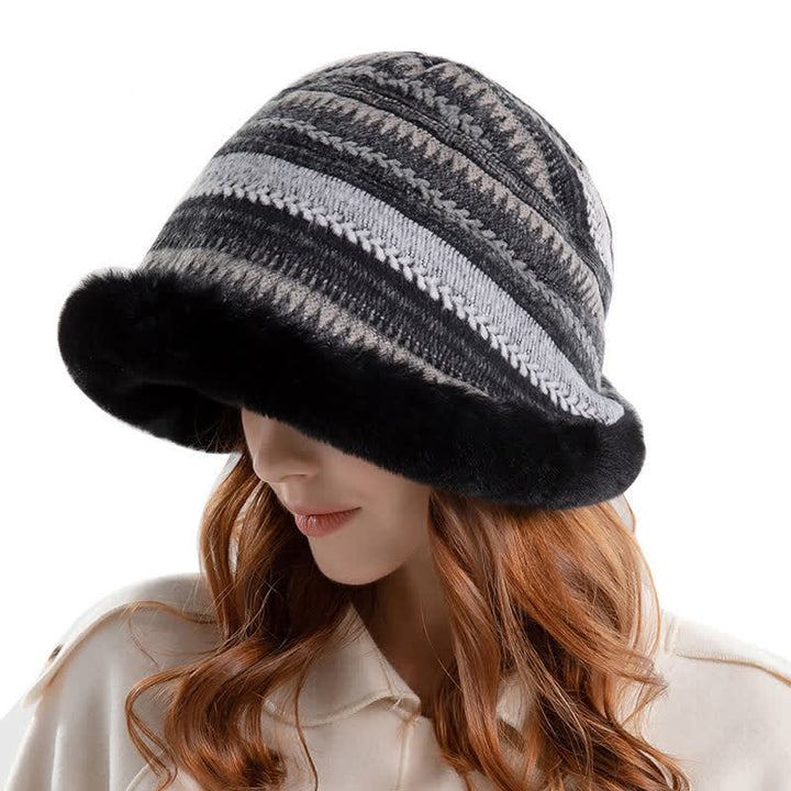 Cappello da pescatore a righe con tesa calda in peluche da donna