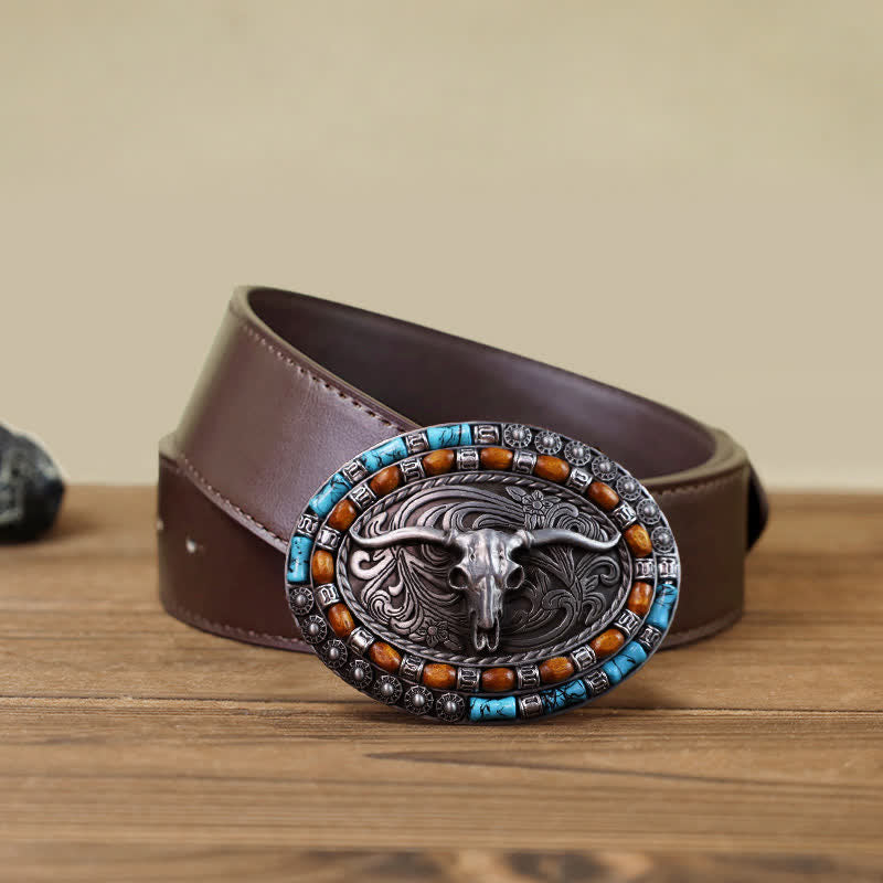 Cintura in pelle con fibbia a forma di toro con perline di legno turchese fai da te da uomo