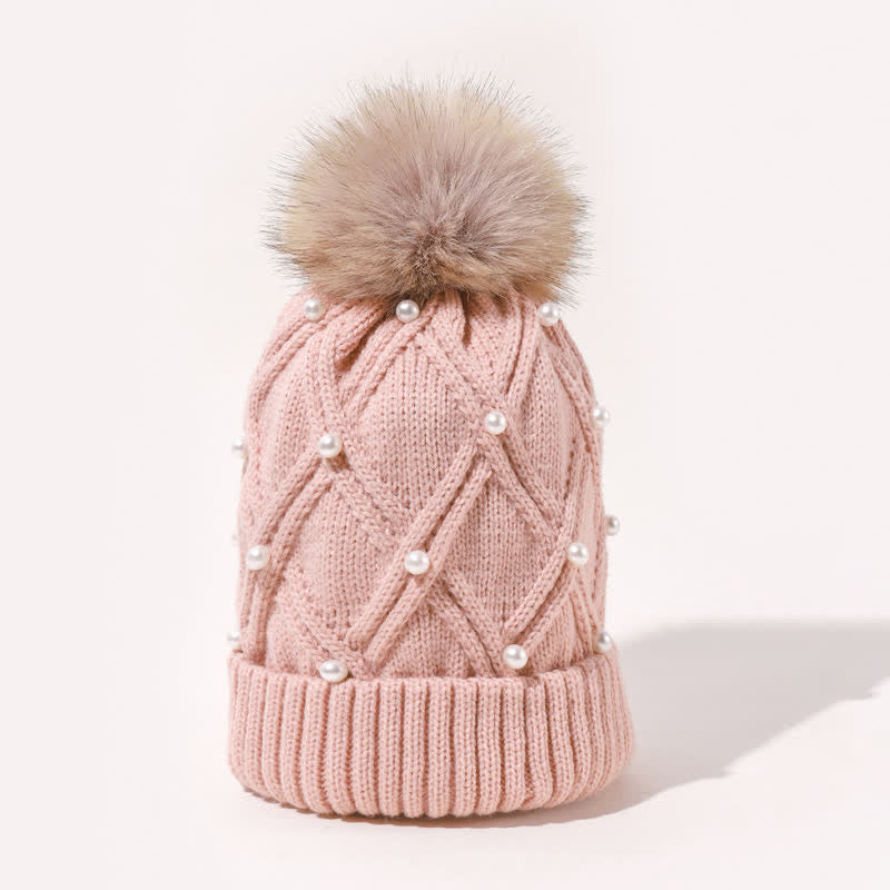Cappello lavorato a maglia elasticizzata con pompon e perle carine da donna