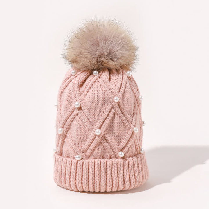 Cappello lavorato a maglia elasticizzata con pompon e perle carine da donna