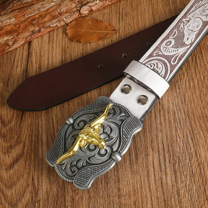 Cintura da uomo in pelle di toro Longhorn dorata quadrata