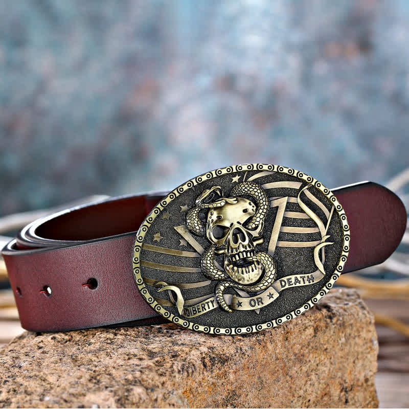 Cintura in pelle fai da te da uomo con fibbia a forma di teschio di serpente "Liberty or Death"