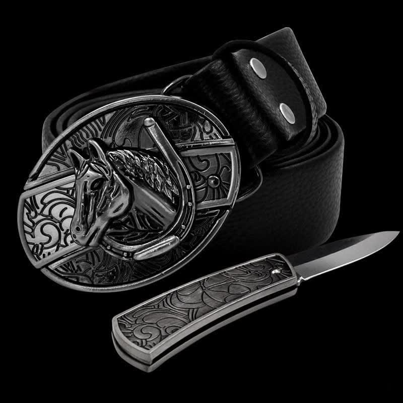 Cintura da uomo in pelle con testa di cavallo e coltello pieghevole