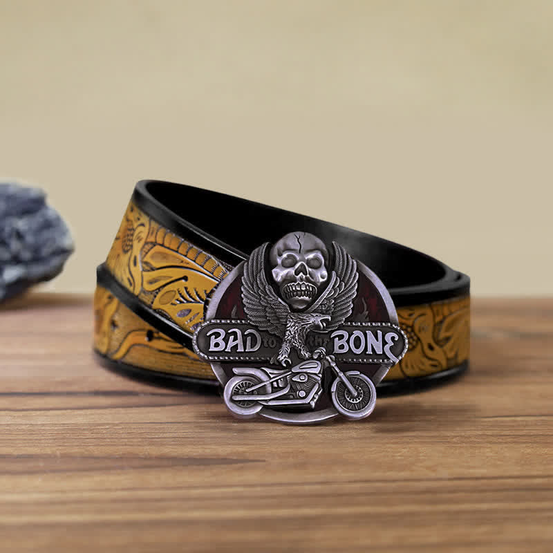 Cintura in pelle con fibbia Bad To The Bone da motociclista con teschio d'aquila fai da te da uomo