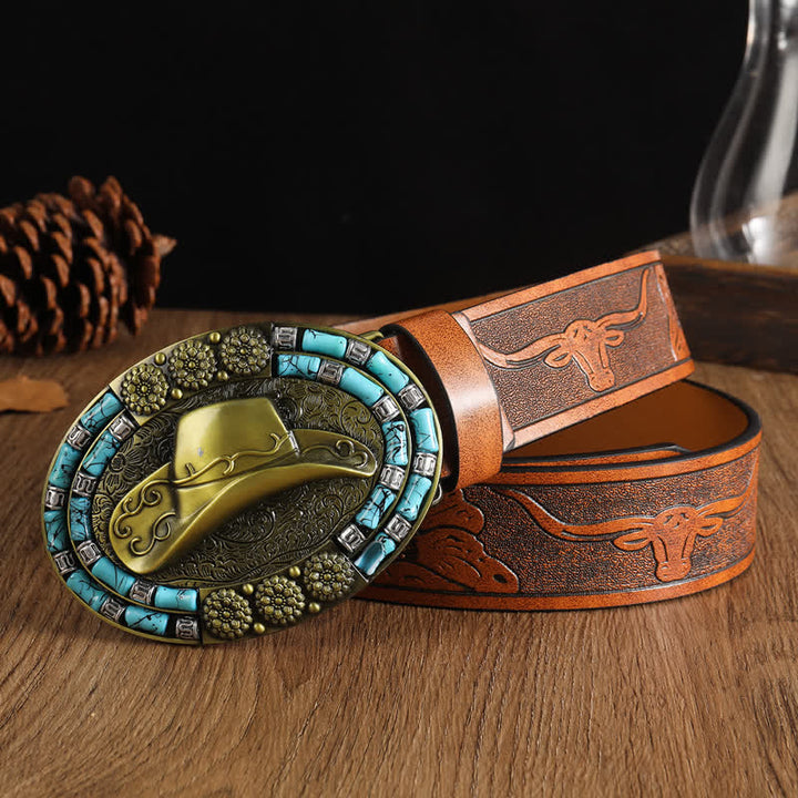 Cappello da cowboy da uomo in oro con cintura in pelle decorata con turchese