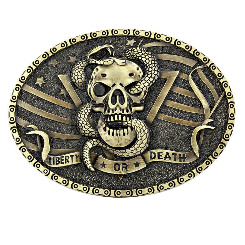 Cintura in pelle fai da te da uomo con fibbia a forma di teschio di serpente "Liberty or Death"