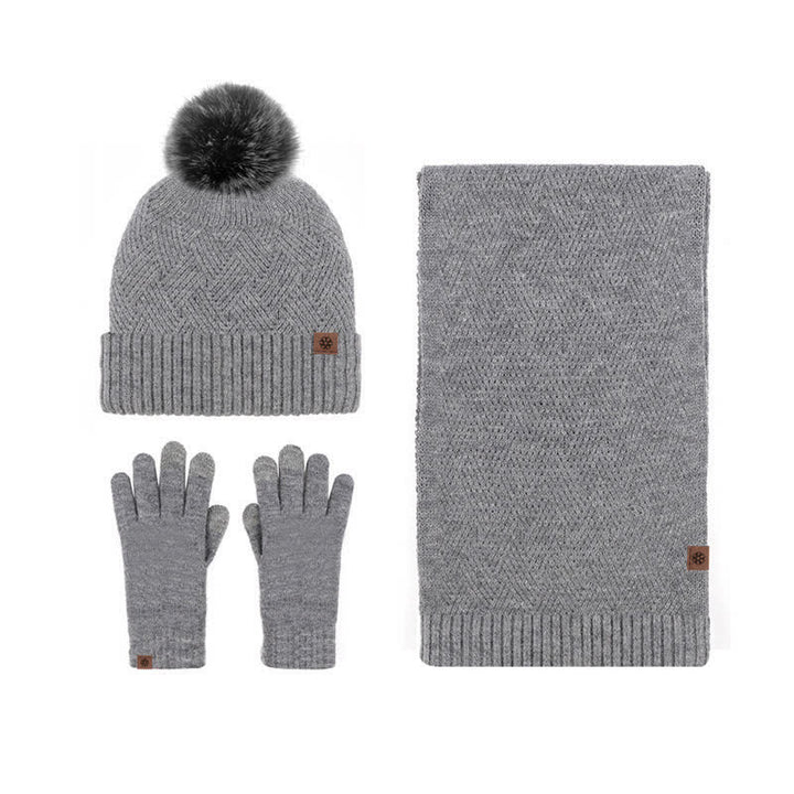 Set 3 pezzi da donna pompon cappello sciarpa guanti touchscreen set