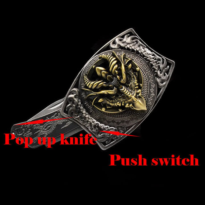 Cintura in pelle con coltello pieghevole nascosto fai da te a forma di drago dal becco affilato da uomo