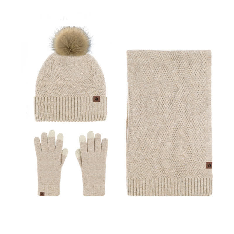 Set 3 pezzi da donna pompon cappello sciarpa guanti touchscreen set